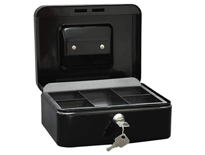 WEDO 145221X Geldcassette, van Gepoedercoat Staal, Inschuifbaar Handvat, 5-Vakken-Muntinzet, Veiligheidscilinderslot, 20 X 16 X 9 cm, Zwart