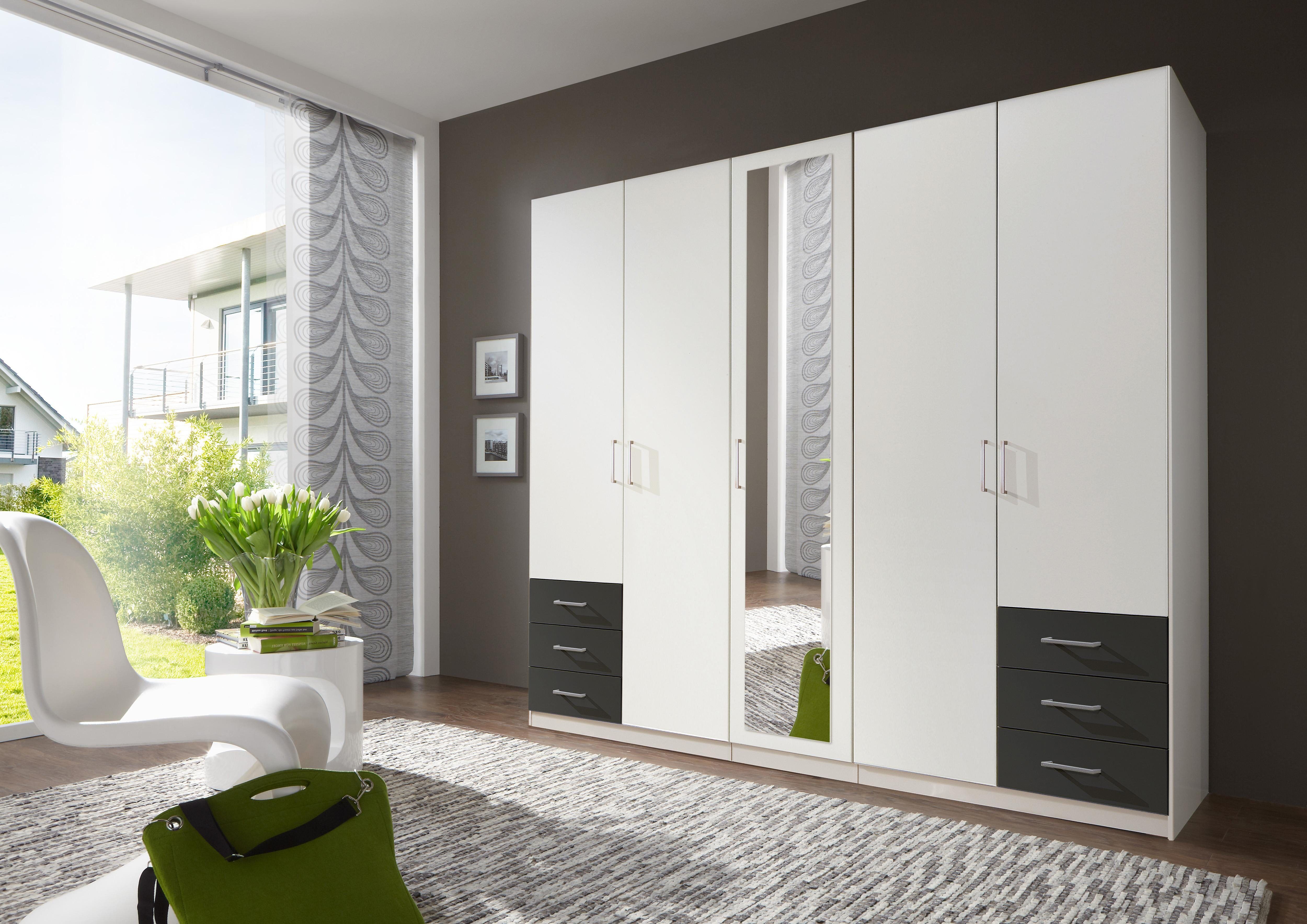 Kleiderschrank WIMEX "Fügen", weiss (weiß, graphit), B:225cm H:208cm T:58cm, Schränke, Kleiderschrank weiß, graphit B/H/T: 225cm x 208cm x 58cm, Schubladen: 6 Stk. Türen: 5 Stk.