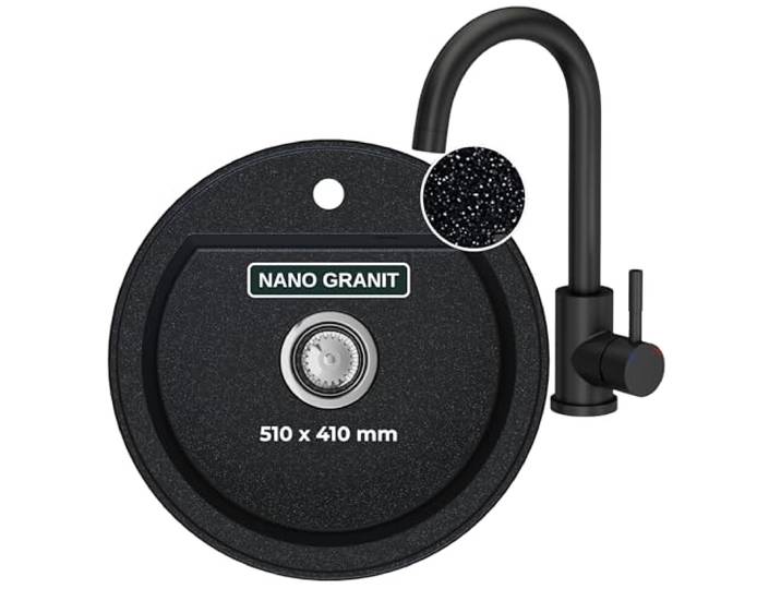 SINK QUALITY Spülbecken Rund mit armatur Ø 51 cm - Granitspüle schwarz mit weißen Flecken mit Wasserhahn, Siphon und Imprägniermittel - Küchenspüle Rund für Unterschränke ab 55cm