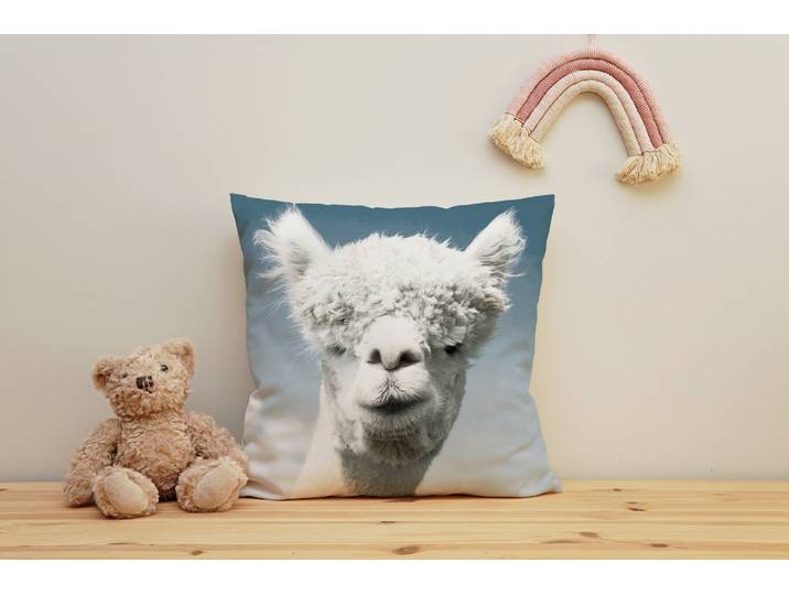 Dekokissen QUEENCE Alpaka , blau (blau, bedruckt), B:40cm H:1cm L:40cm, Polyester, Dekokissen_Sitzkissen_Kissenhüllen, Dekokissen, Kissenhülle mit HD Premium Druck, geruchsneutral, 40x40cm