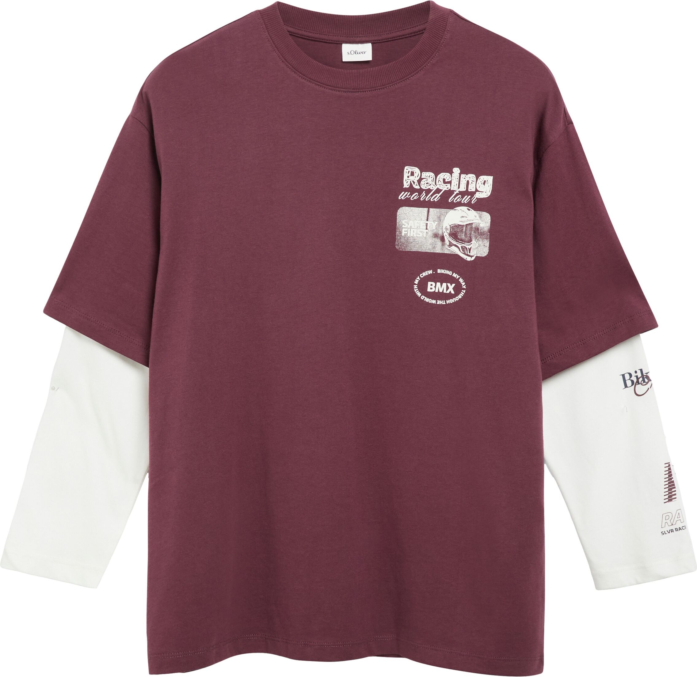 Oversize-Shirt S.OLIVER JUNIOR, Jungen, Gr. 134/140, rot (burgundy), Jersey, Obermaterial: 100% Baumwolle, oversize hüftlang, Rundhals, Shirts Oversize-Shirt, Oversize-Form im 2in1-Look