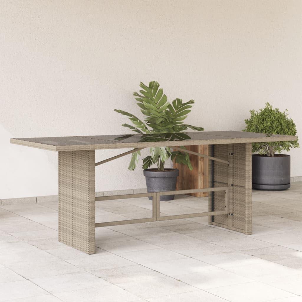 Gartentisch mit Glasplatte für draußen, 190x80x74 cm, hellgrau, aus Poly-Rattan