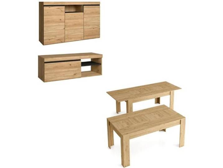 Ensemble Natural Salon Salle à manger buffet-meuble tv 120cm-table extensible chêne/noir
