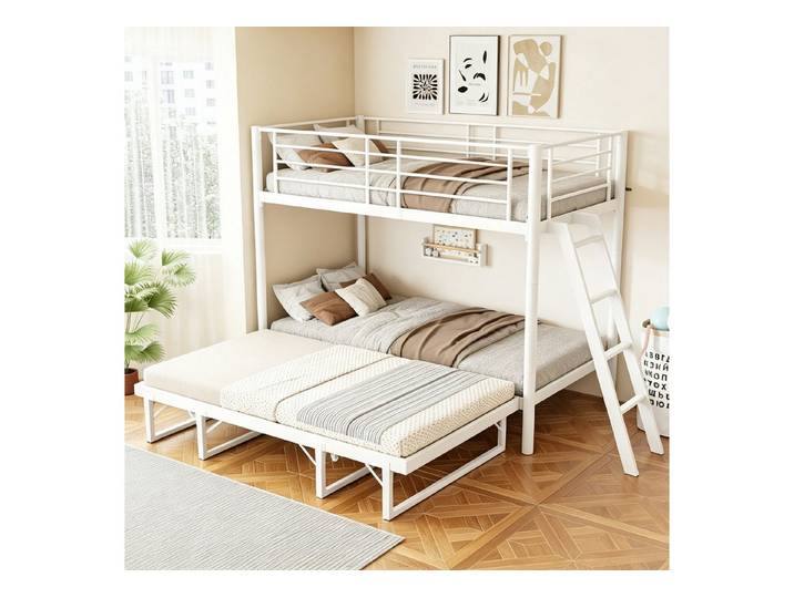Flieks Etagenbett, Metallbett Kinderbett Dreierbett 90x200cm mit Ausziehbett und Leiter
