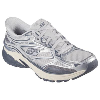 Slip-On Sneaker SKECHERS "STAMINA SPORT", Damen, Gr. 39, Textil, silber (silberfarben), Lederimitat, Mesh, metallic, Schuhe, Retro Sneaker, Schnürschuh mit Metallic-Besätzen