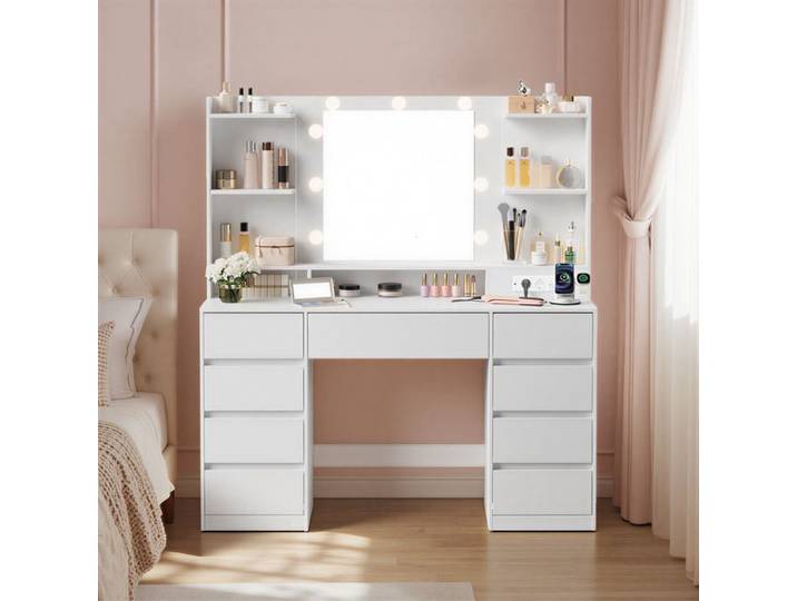 Coiffeuse avec Miroir LED Multiprise 9 Tiroirs 9 Ampoules Éclairage 3 Couleurs Blanc