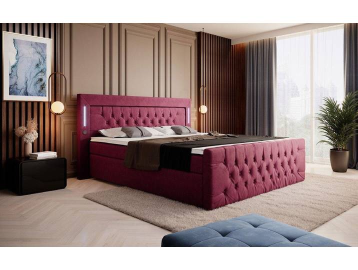 Boxspringbett Elegance mit LED, USB und Stauraum - 160x200 - Rot - H3 (70-100kg) - Luxusbetten24