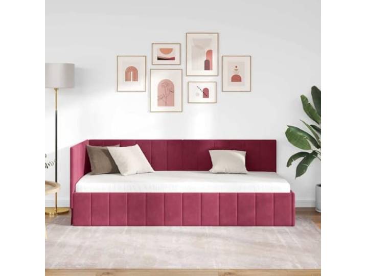 KTHLBRH Eck-Bettrahmen Samt Weinrot 80 x 200 cm Platzsparendes Design, langlebiges Sperrholz, wendbares Kopfteil, Verwendung im Innenbereich