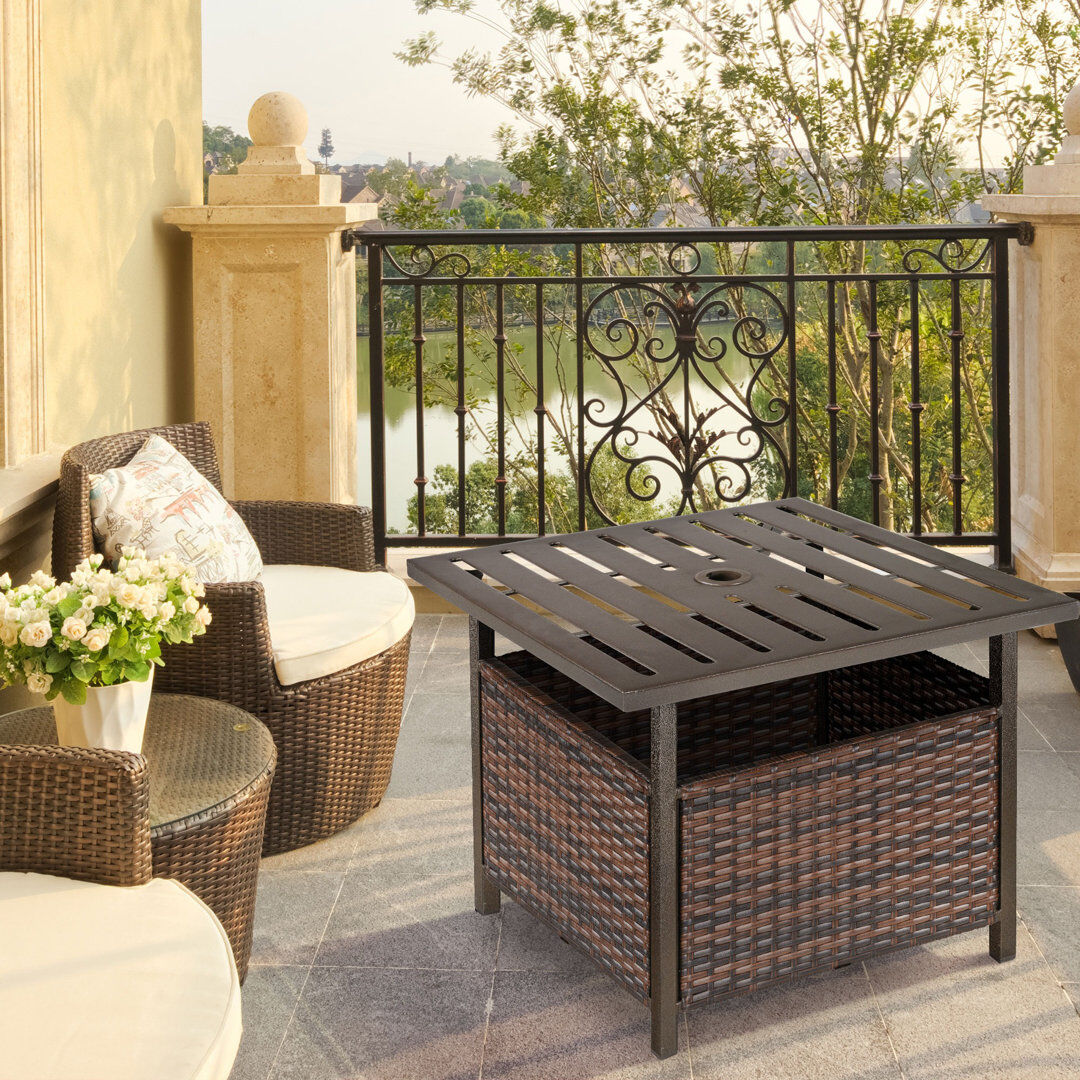 Ebern Designs Abdirazaq Rattan Garden Coffee Table 55.5 cm Square Umbrella Hole Brown Brown