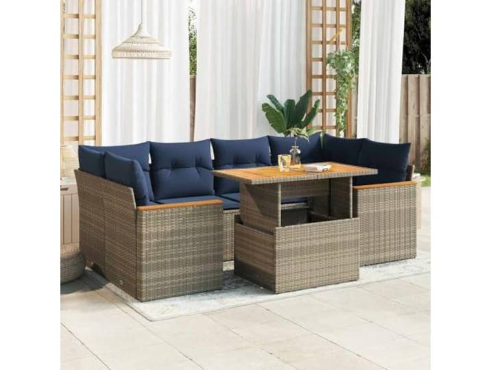 KTHLBRH Gartenmöbel-Set 7-teilig mit grauen Kissen aus Polyrattan Outdoor Lounge mit Tisch und Sitzgelegenheit mit wasserdichter Aufbewahrung, verstellbare Tischplatte
