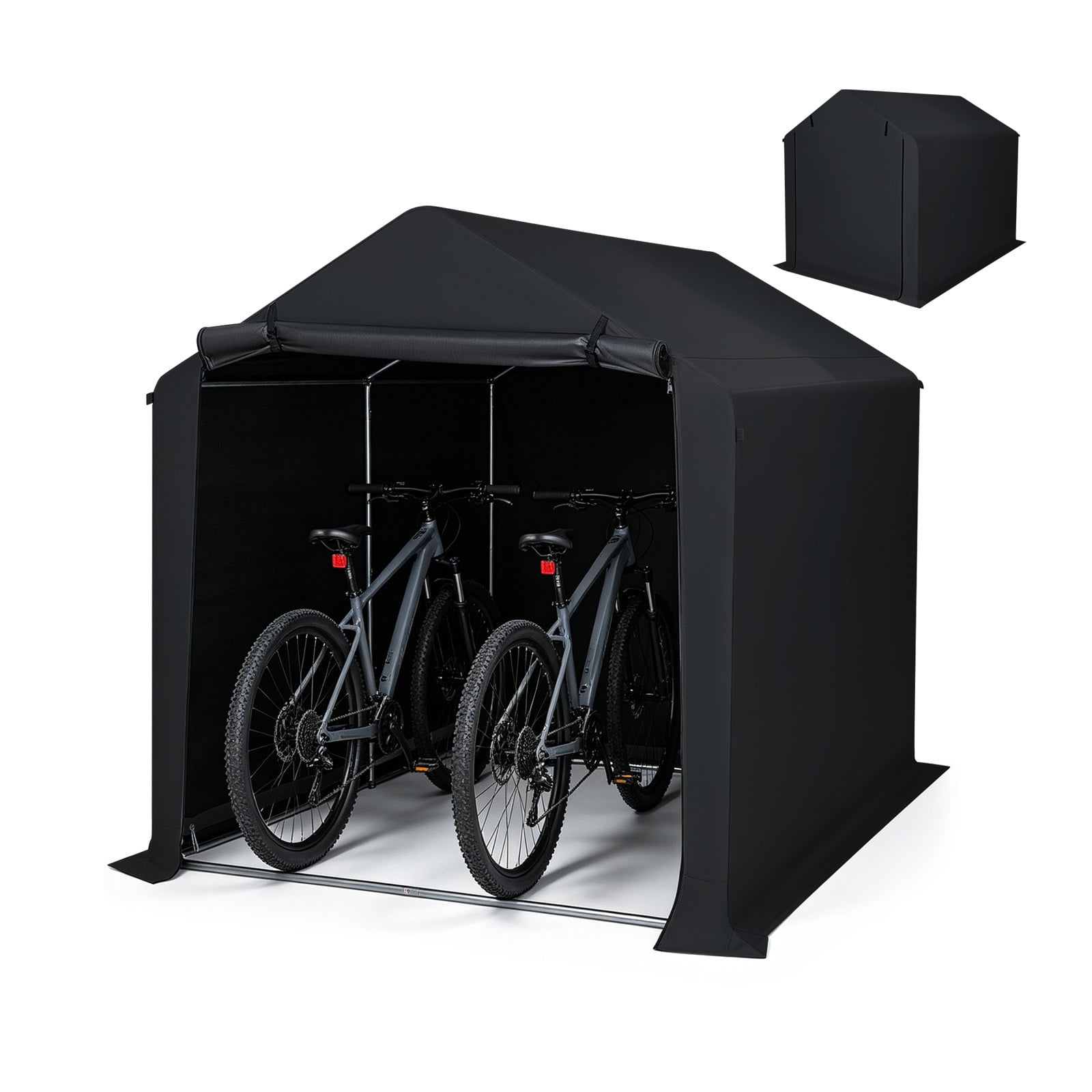 Costway Waterdichte Fietsenberging Tuinschuur met Oprolbare Ritssluitingdeur en Metalen Frame voor Fietsen, Tuinmeubelen en Gereedschap - Zwart