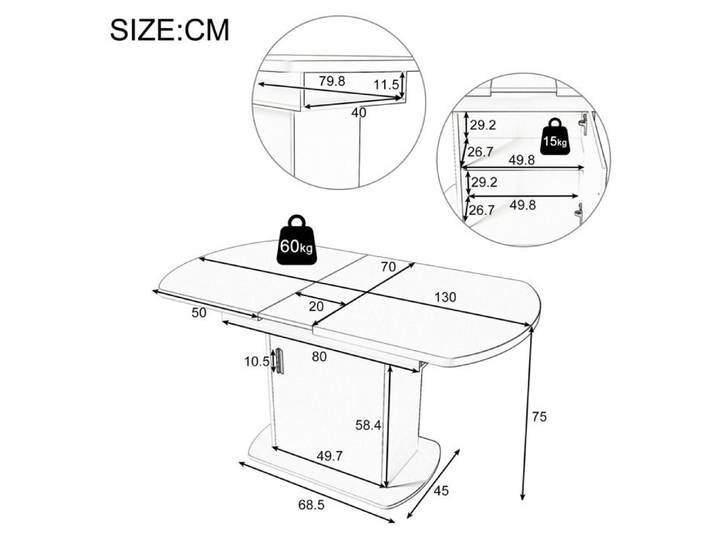 Table à manger extensible ovale IVMEU 110/130x70x75 cm avec rangement blanc et doré