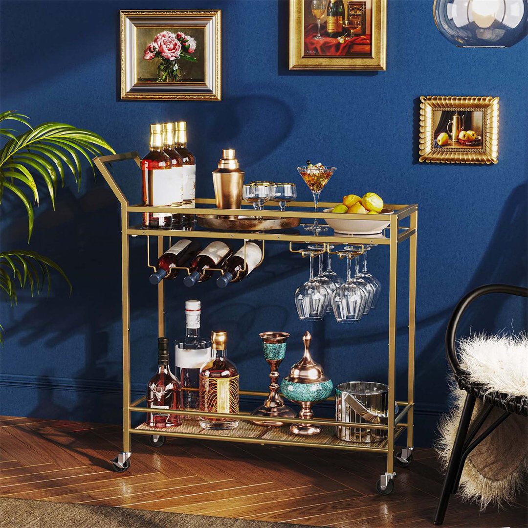 Brayden Studio Cacia Wine Bottle & Glass Rack Clear;Gold 91cm H X 78cm W X 30cm D