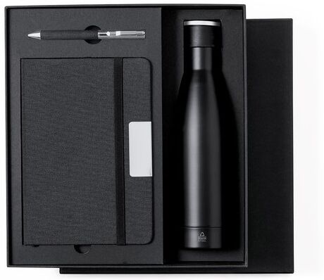 Set d'Objets Publicitaires Personnalisés : Cahier, Stylo et Bouteille Isotherme Datiford pas cher noir