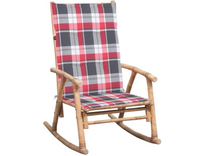 Coespram Schaukelstuhl mit Kissen Bambus Schwingsessel Garten 66x86x105cm Ergonomischer Holzstuhl aus massivem Bambus mit karierter Auflage fuer Garten Balkon Terrasse und Wintergarten geeignet.