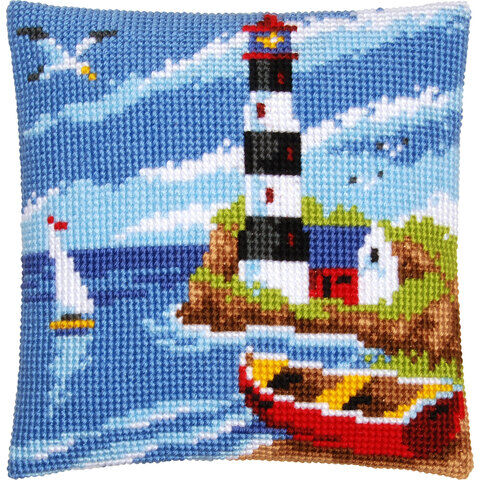 Kreuzstichkissen "Leuchtturm & Boote"