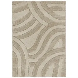 Hochflor-Teppich aus 100% recyceltem Polyester, handgeschnitzt & umweltfreundlich – `Nadd`. Naturfarben, 200x290 cm | Kadima Design