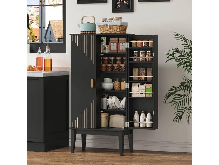 STILVORA Küchenschrank mit kompakten Maßen 120x59x30cm, Aufbewahrungsschrank mit 2 Türen und 5 Fächern, Sideboard für Küche Esszimmer Wohnzimmer Flur im Vintage-Stil，Schwarz