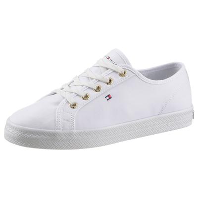 Sneaker TOMMY HILFIGER "ESSENTIAL NAUTICAL SNEAKER", Damen, Gr. 42, Textil, weiß, Schuhe Sneaker, Freizeitschuh, Halbschuh, Schnürschuh mit goldfarbenen Ösen