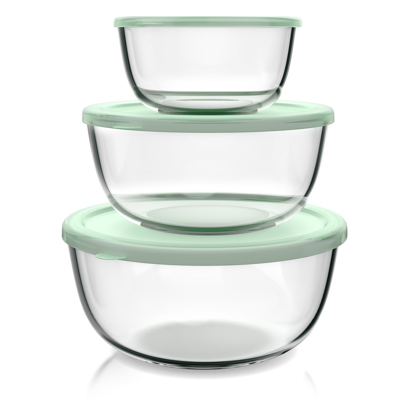 Arendo Salatschüssel, 3er Set mit Deckel, Glasschüssel 1,1L / 2,7L / 4,4L, Glas Rührschüssel, transparent/mintgrün