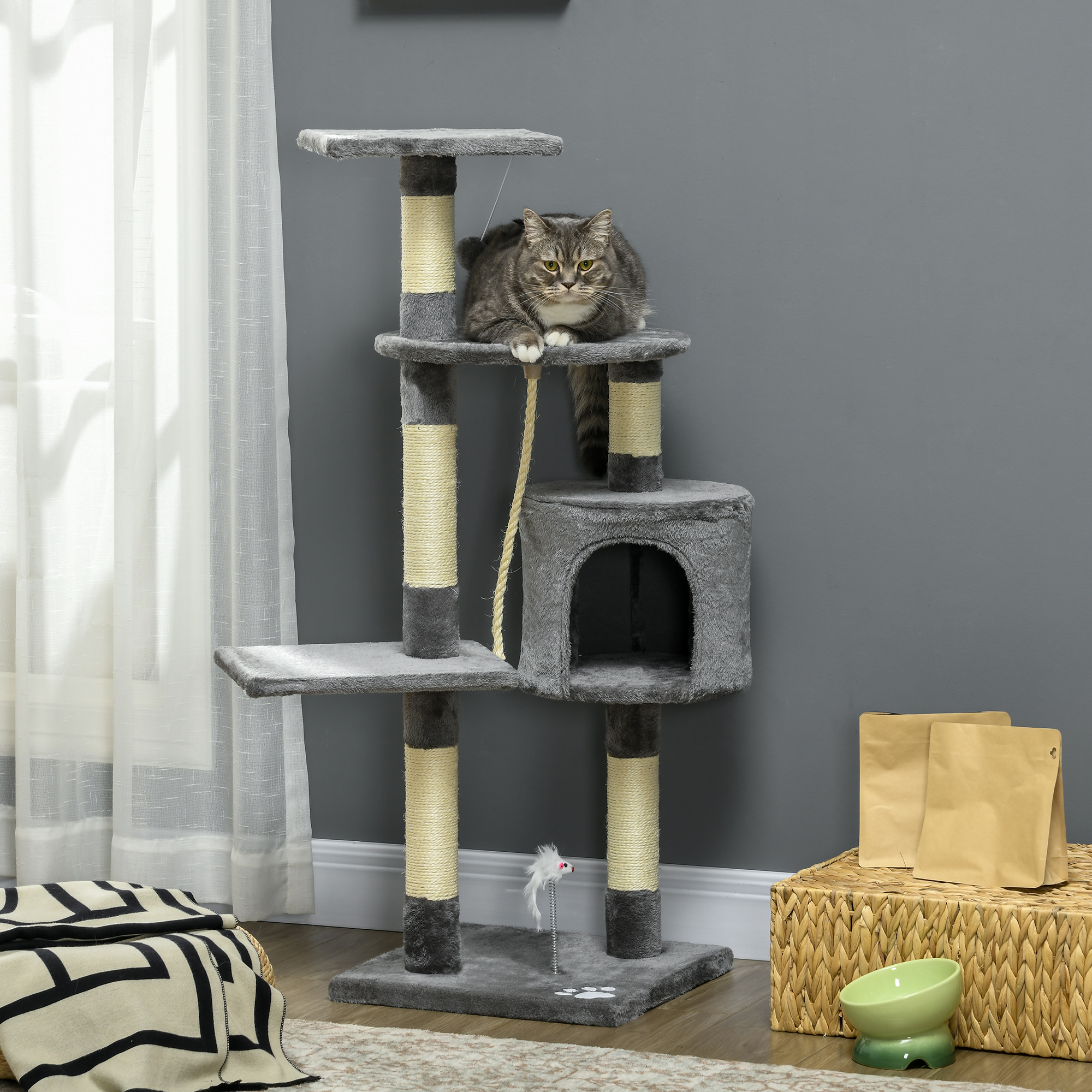 Pawhut Rascador per Gatti Altezza 116 cm Albero per Gatti con Pali di Sisal Cuccia Piattaforme e Giocattoli Grigio Scuro   Aosom Italy