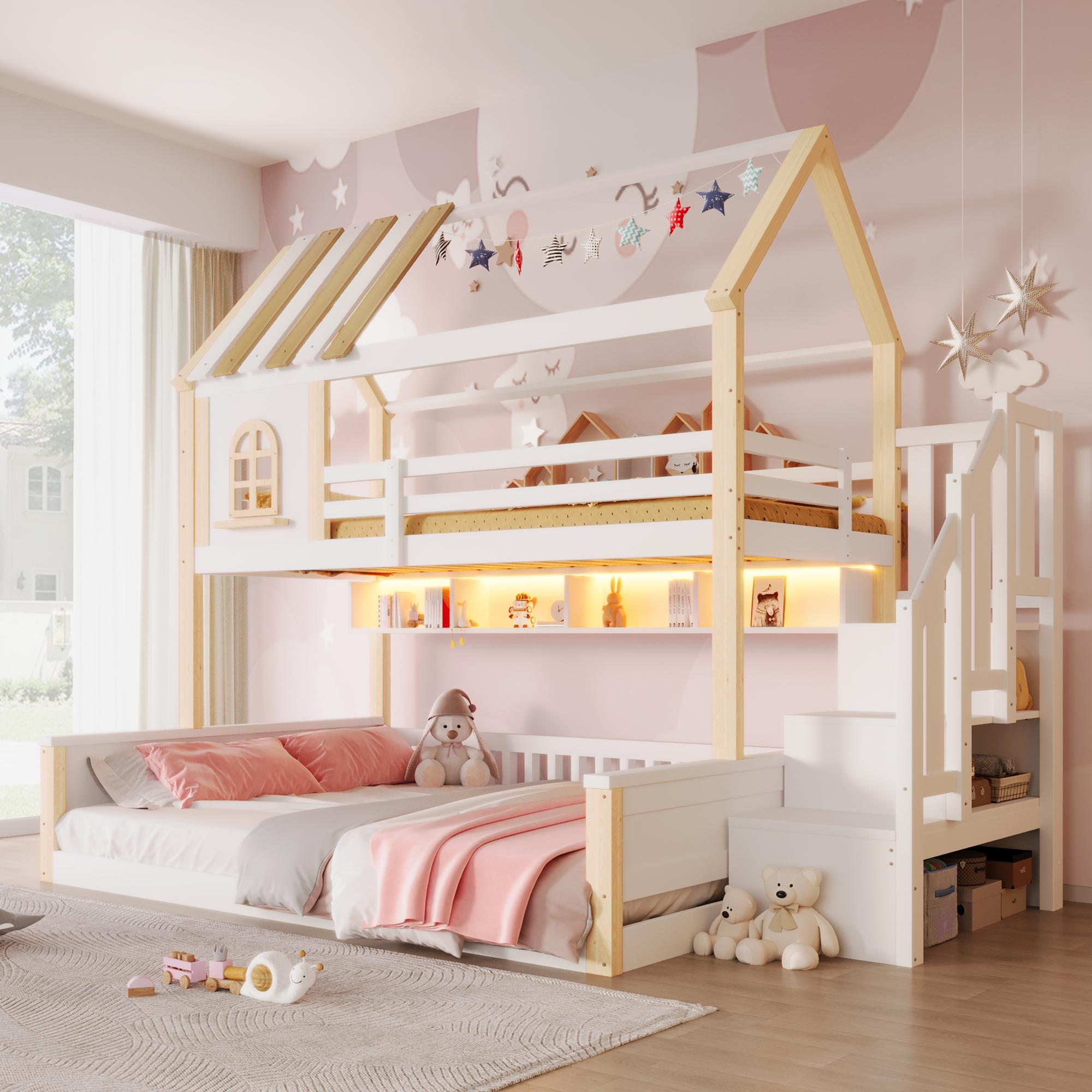 Etagenbett 90x200 cm + 140x200 cm, Hausdesign, Fenster, LED-Lichtleiste, offene Stauf?cher, Ablageleiter, ohne Matratze, Kiefer, Wei?+Natur