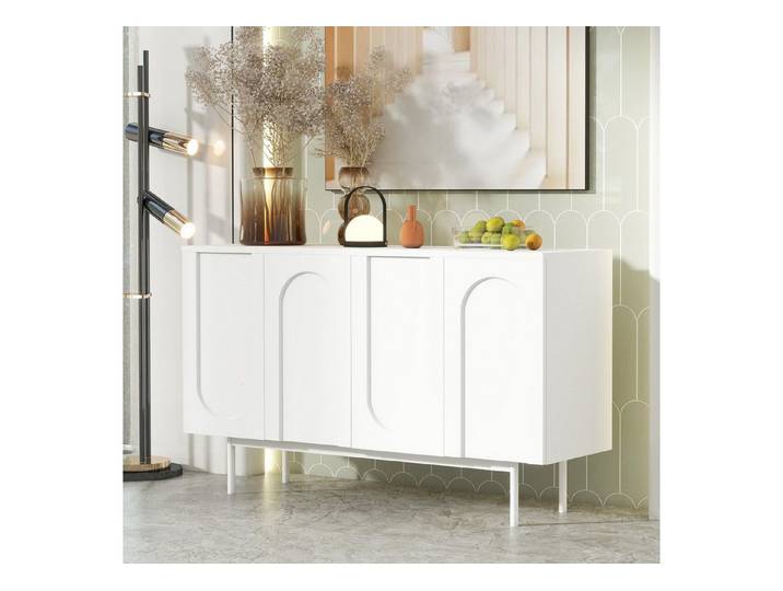IDEASY Sideboard 4 Türen Reinweiß, Hochwertiges Wohnzimmerschrank mit Stauraum (Modernes Minimalistisches Design, Bogenmuste), Weiße Aufbewahrungsmöbel mit Bogenförmigen Türdetails