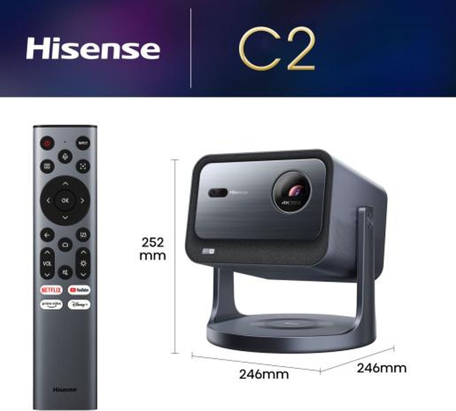 Hisense C2 | Laser Projector 4K, 2000 ANSI Lumen, UHD 4K (3840x2160), 1700:1, 16:9, 1651 - 7620 mm (65 - 300"), 16:9