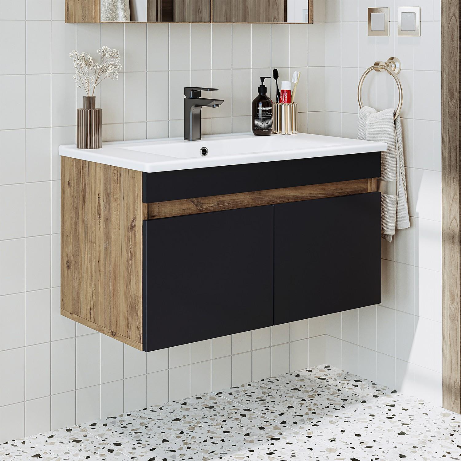 Skye Decor, Moderne Badezimmermöbel mit Waschbecken, 85 cm, Atlantic Pine | 100% MDF-LAM