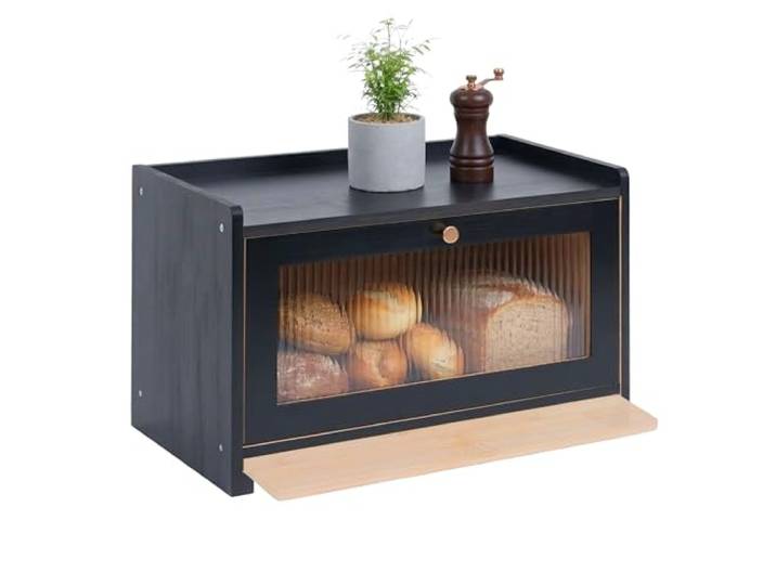 Relaxdays Brotkasten, Bambus, Schneidebrett, Ablage, Luftlöcher, schwarz