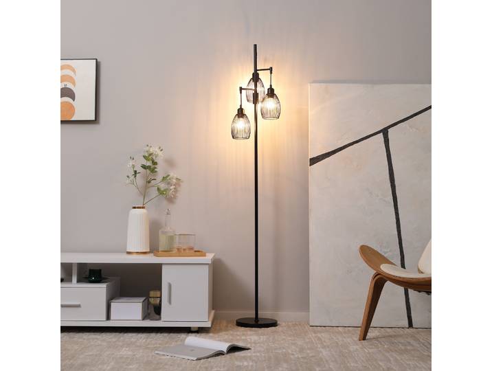 HOMCOM Lampadaire Industriel 3 Abat-jours Métal Noir