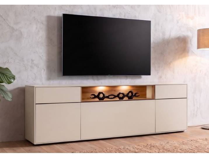 TV Board 180x55cm 'Locarno' Wildeiche massiv & MDF creme inkl.Beleuchtung