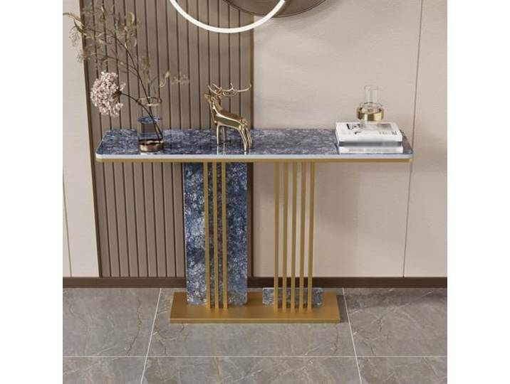 Luxuriöser halbmondförmiger Konsolentisch mit einzigartigen Metallbeinen Rechteckiger Sofatisch mit Schieferplatte, moderner Konsolentisch für Flur und Eingangsbereich(Gold D,100cm/39.4in)