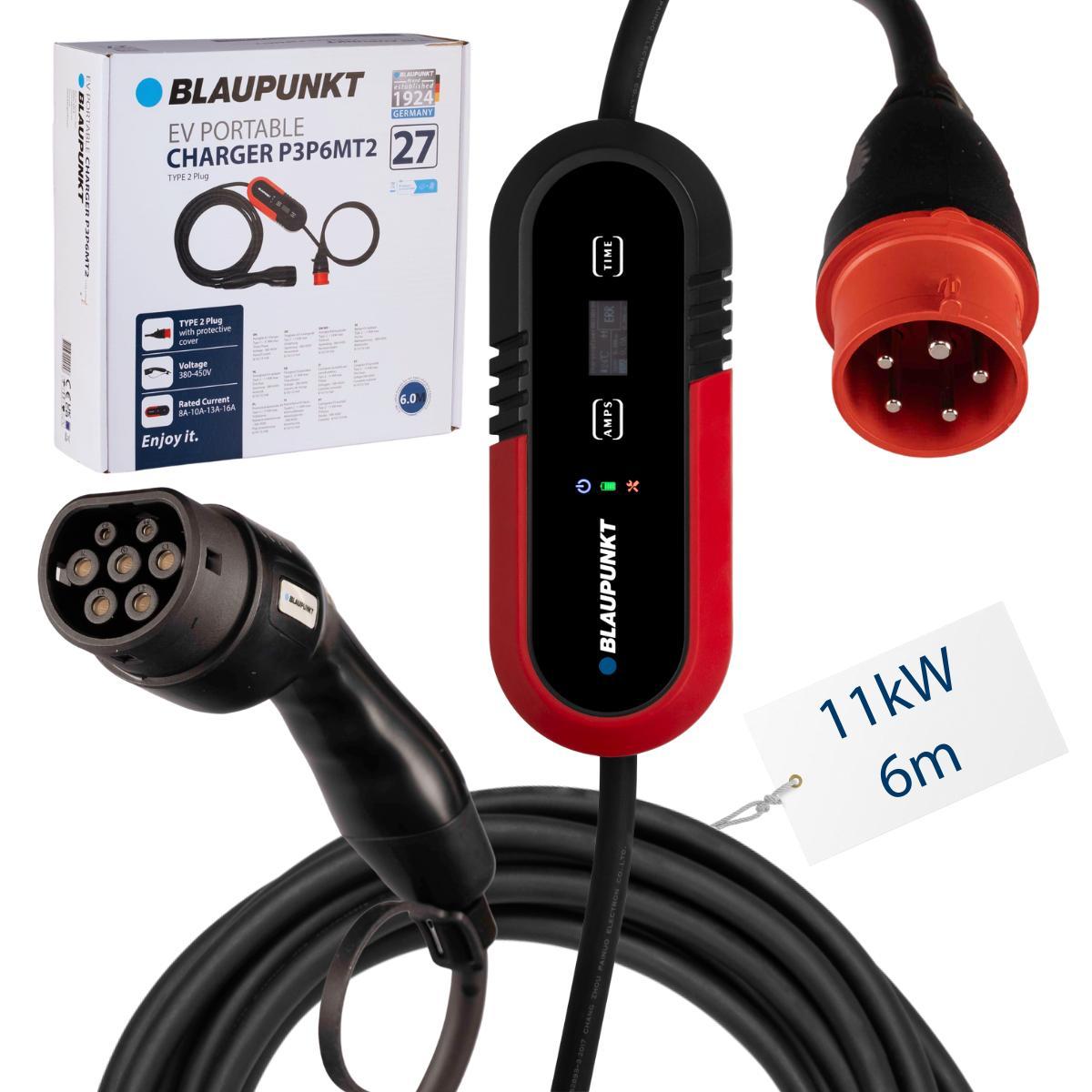 Blaupunkt Mobile Wallbox Ladestation 11kW Typ 2 Ladekabel für Elektroautos | 6m 3 phasig mit CEE Steckdose