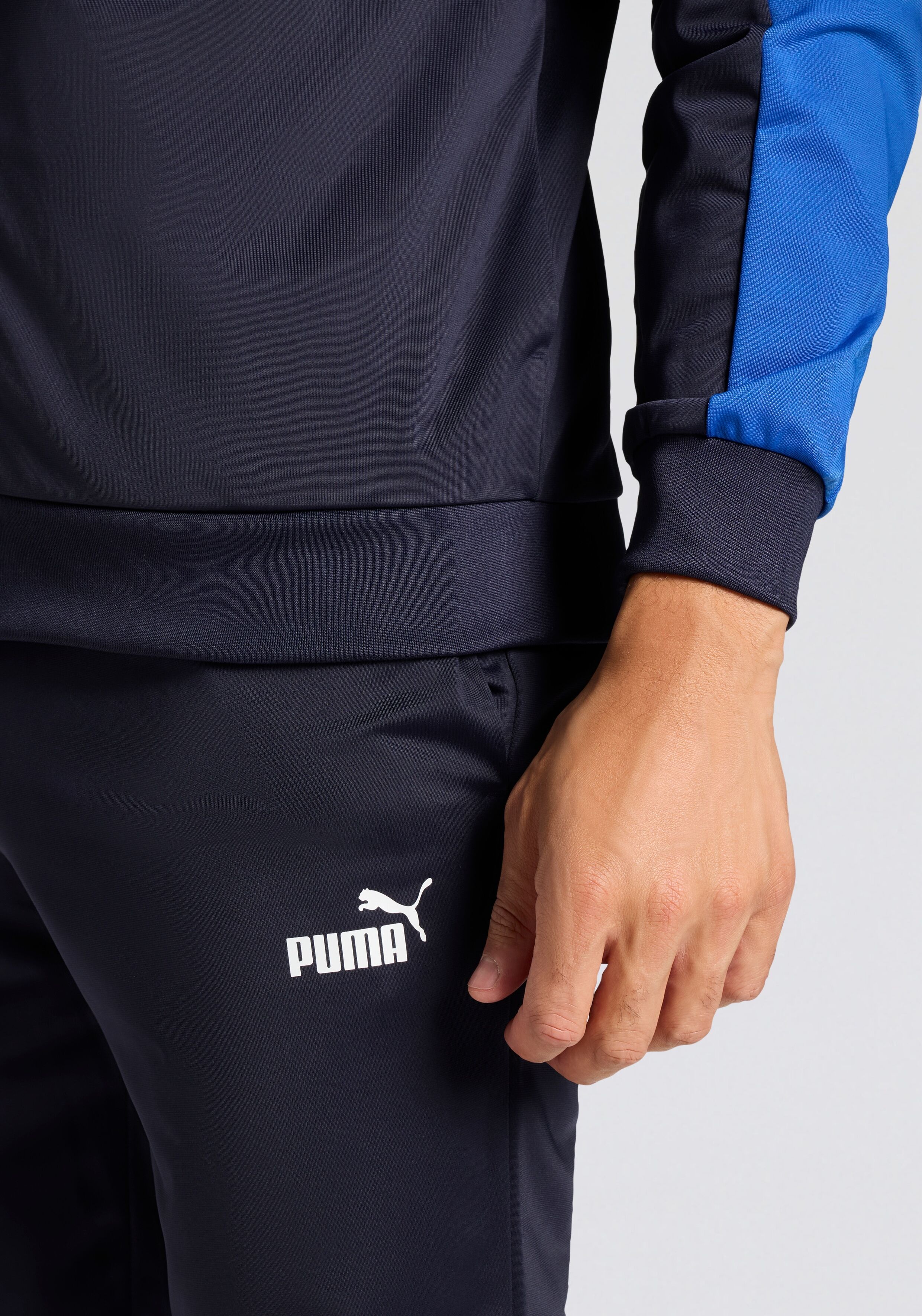 Trainingsanzug PUMA "SPORT POLY SUIT", Herren, Gr. L, blau (new navy), Trikot, Obermaterial: 100% Polyester, regular fit, Sportanzüge Trainingsanzug, ohne Kapuze, aus Trikot-Material new navy L