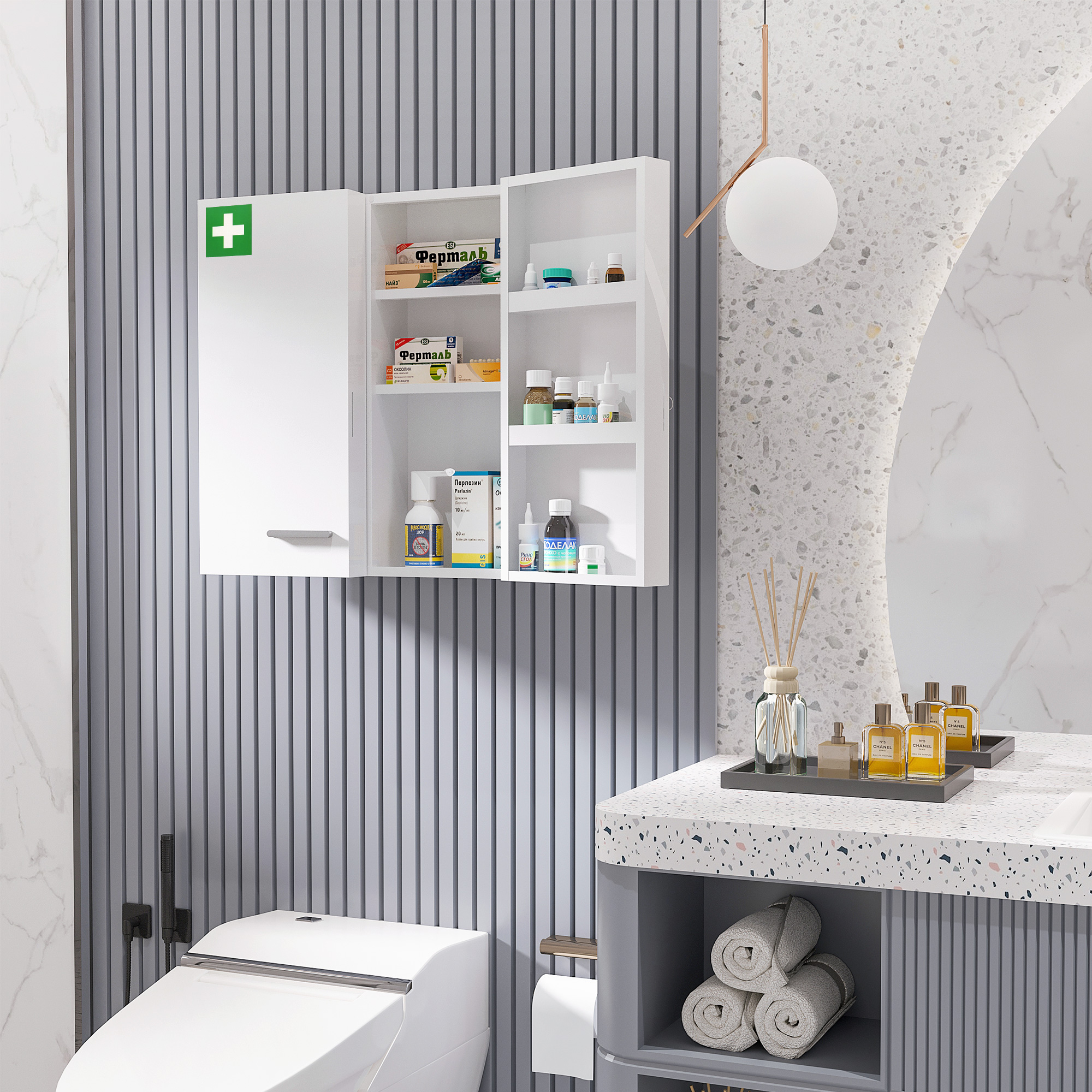 Kleankin Armadietto Medicinali a 6 Ripiani con Serratura e 2 Chiavi, in Acciaio, 55x18x60 cm, Bianco Aosom