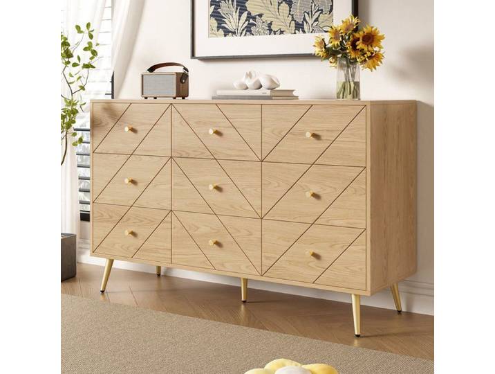 Commode Moderne 9 Tiroirs 120x39x80 cm Meuble Rangement avec Façade Géométrique Pieds Métal Doré - Chambre Salon - Effet Bois Clair