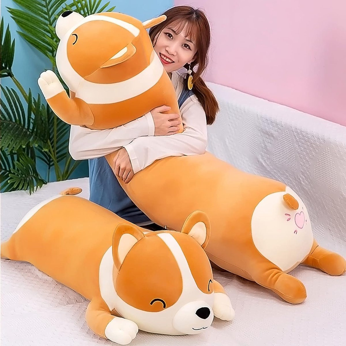 Pluche Shiba Inu knuffelkussen voor kinderen, geel, 100 cm
