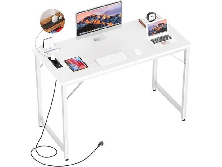 Bureau Gaming et Travail 80cm Petit Bureau Informatique avec Prises USB et Secteur Bureau PC Compact pour Ado et Étudiant Blanc