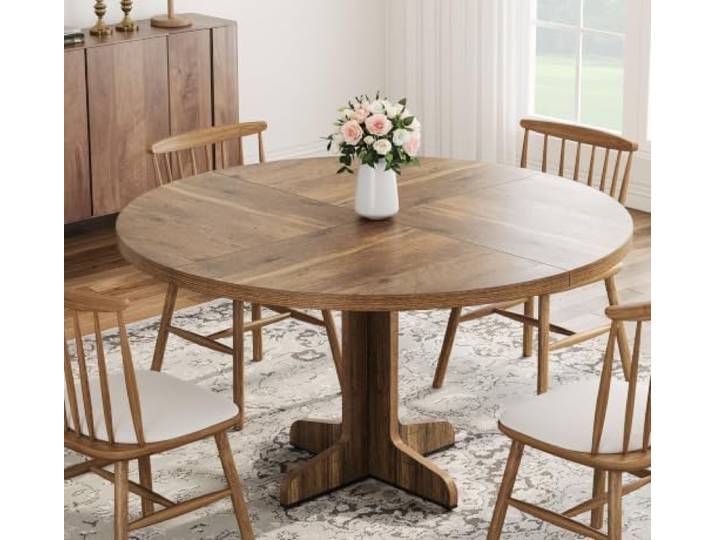 GARVEETECH Runder Esstisch für 4–6 Personen, 120 cm Esszimmertisch mit Holzsockel, platzsparender Küchentisch aus Holz, Tisch Rund für Esszimmer, Küche, Wohnzimmer, Dining Table