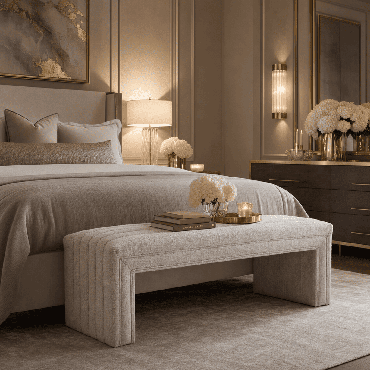 Balkan Cream Chenille Bench with Channel Stitching
