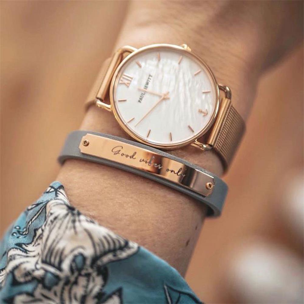 Paul Hewitt Graues Lederarmband Signum IP Roségold gravierbar grau