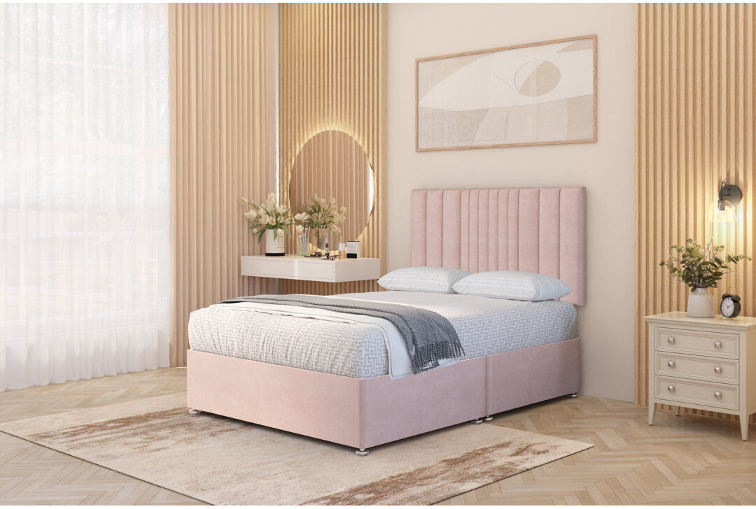 Ebern Designs Alyssa Velvet Divan Bed Set Sprung Memory Foam Mattress & Headboard with Drawers Pink Double (4'6)