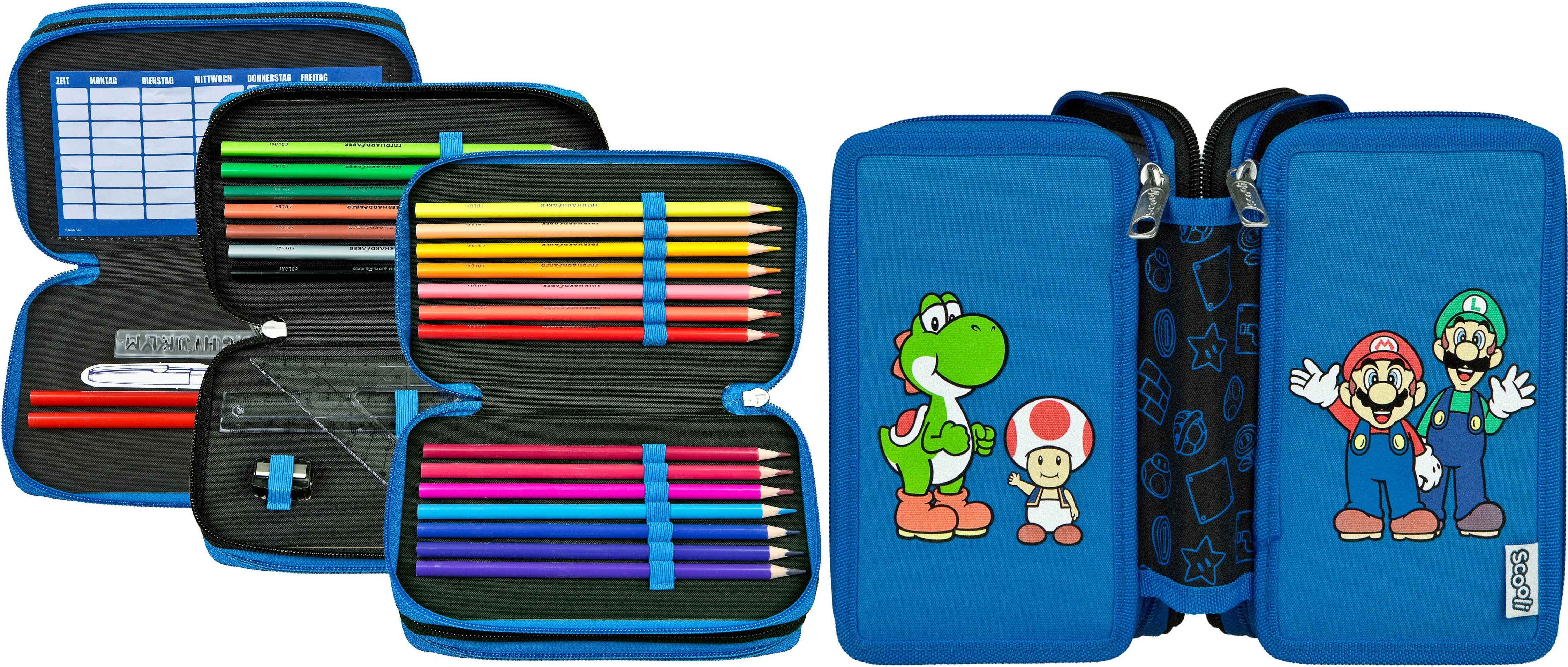 Federmäppchen SCOOLI "Tripledecker, Super Mario", Kinder, bunt (super mario), Polyester, Schreibgeräteetuis Federmäppchen, befüllt, inklusive Geodreieck