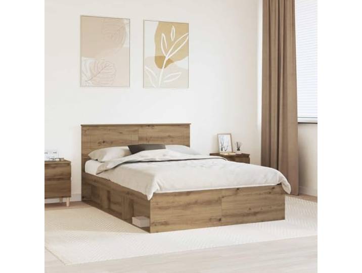 Holzwerkstoff schlankes Design modernes Bett 150 x 200 cm Braun Bettrahmen Kunsthandwerk Eiche 150 x 200 cm Holzwerkstoff Bettgestell mit Lattenrost Kopfteil Modernes Massivholz Bett
