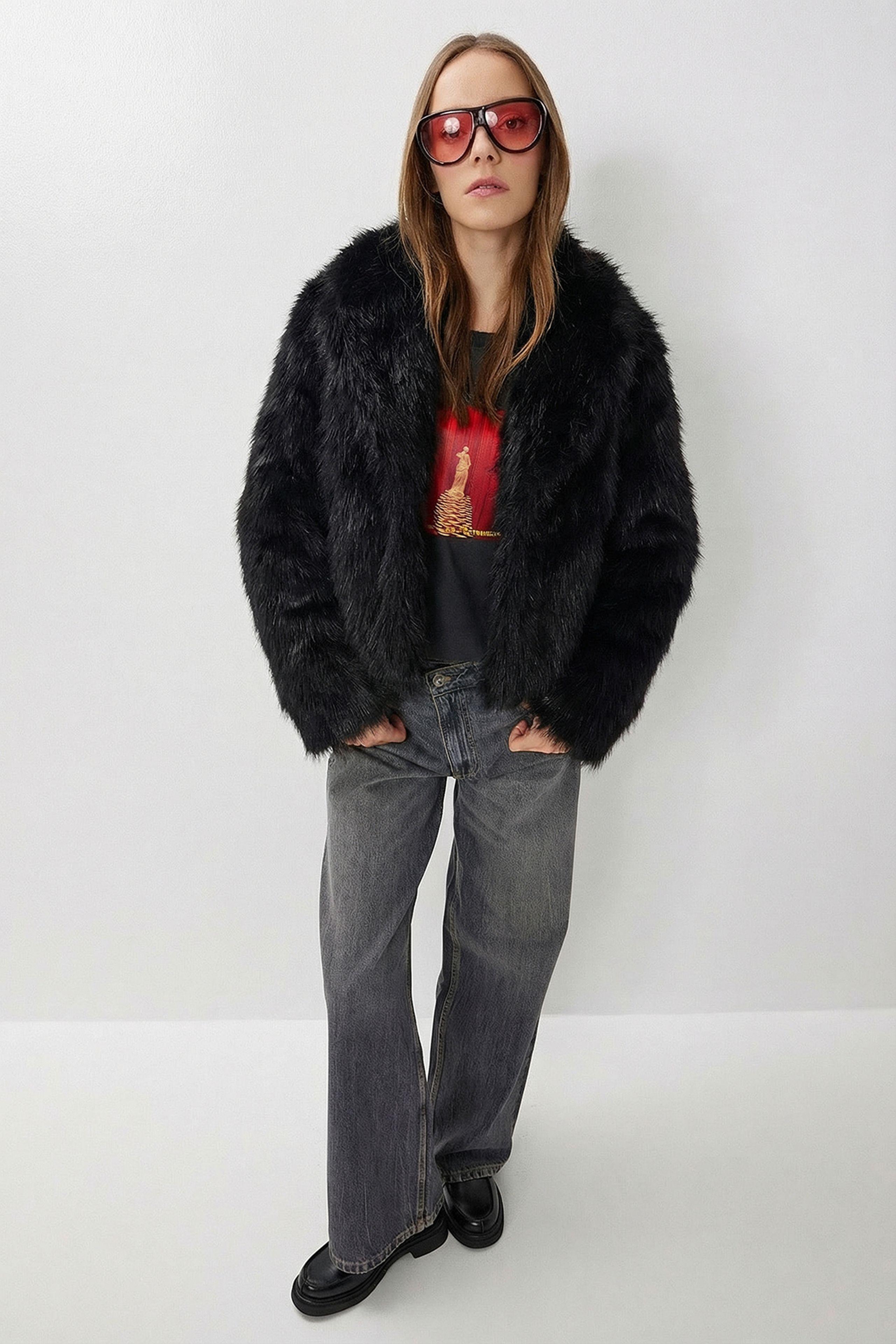 Faux-Fur-Schalkragenjacke