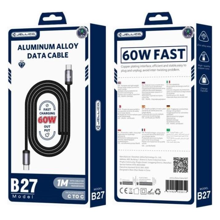 Jellico B27 Woven Cotton Universal USB-C to USB-C Data&Fast PD 60W Charger Cable 1m (1 m, 60 W) (JELLICO)