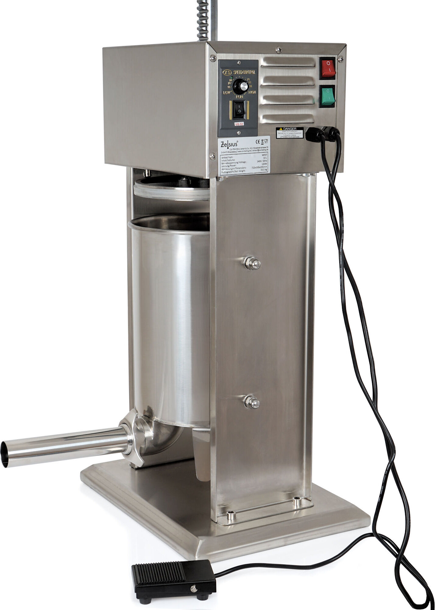 Zelsius Profi Edelstahl Wurstfüllmaschine elektrisch, 10 Liter, mit Fußpedal Bedienung, inkl. 4 Edelstahl Fülltüllen