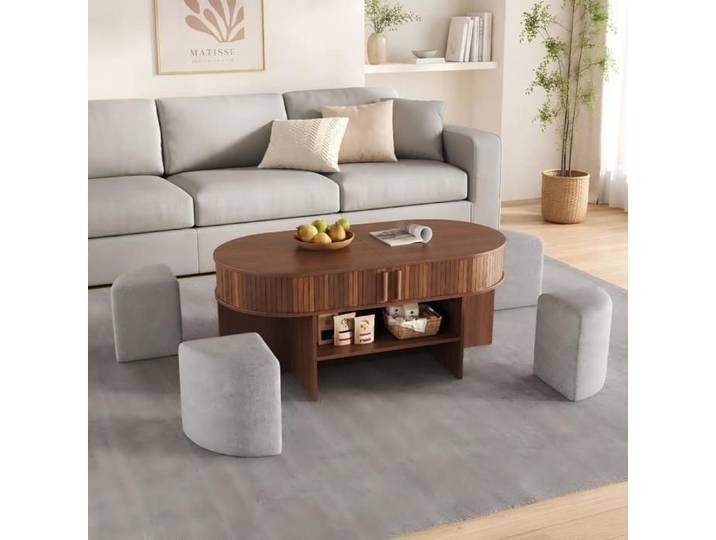 Table Basse Ovale Ulsam avec Rangement Poufs en Tissu Façade Rainurée Verticale Portes Coulissantes Poignées Métalliques