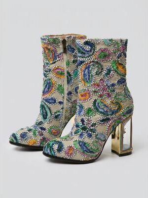 LightInthebox Women's Baroque Paisley Embroidered Beaded Ankle Boots - Gold Clear Heel Tapestry Booties for Masquerade Balls, Renaissance Fairs Gala Events